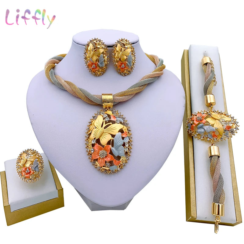African Necklace Earrings Dubai Gold Color Jewelry Set for Women Wedding Bridal Travel Party Bracelet Ring Pendant Jewelry butterfly Jewelry Resizable 45cm | Clear