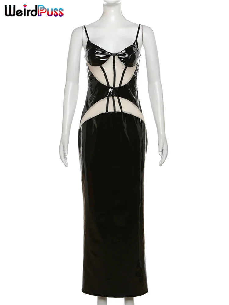 Weird Puss Patchwork Leather Sexy Dress Women Luxury Hipster Birthday Party Clubwear Sleeveless Black Split Bodycon Vestidos