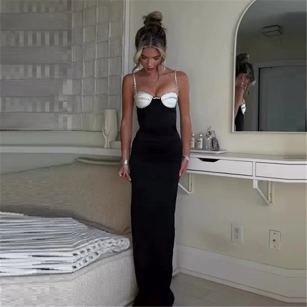 Black Red Color Women Sleeveless Sexy Strap Square Collar Bodycon Long Bandage Dress Nightclub Party Fashion Cocktail Dress