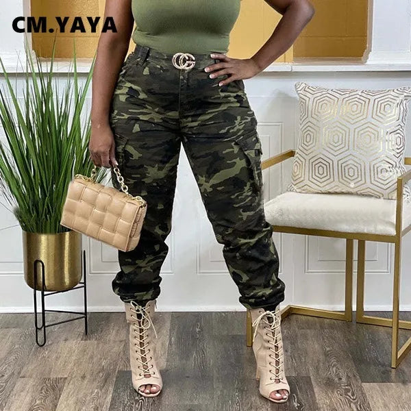 CM.YAYA Women’s Camouflage Printed Slim Cargo Pants 2024 Spring/Summer Pocket Jogger Street Fashion Safari Trousers