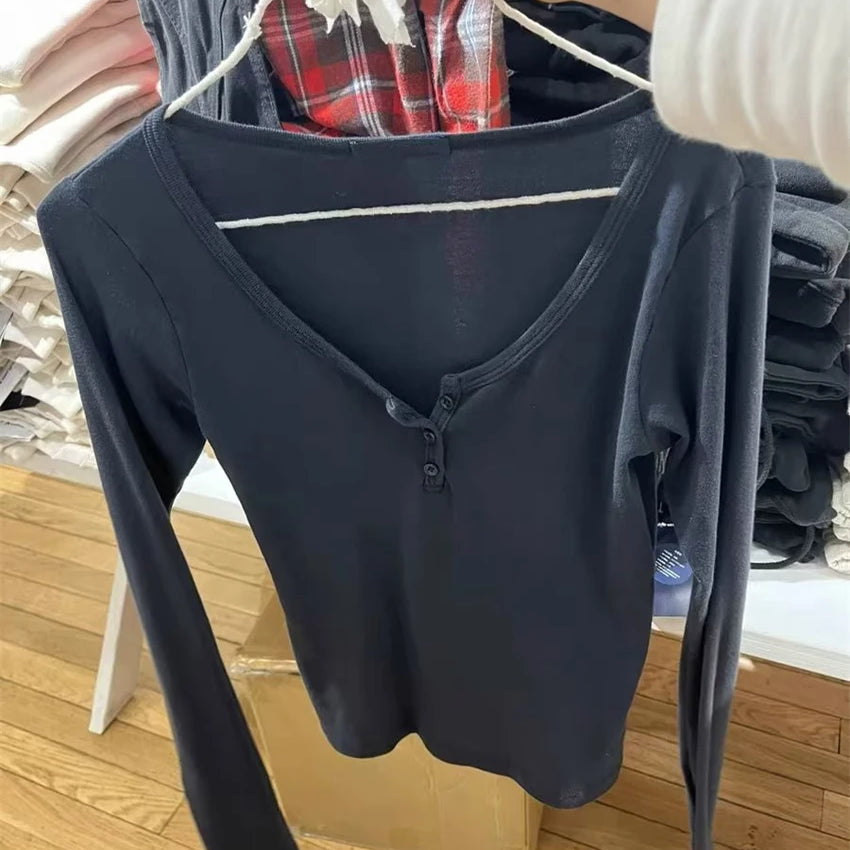 Casual Women Fashion Front Buttons Tees Fall Vintage O Neck Long Sleeves Solid Color T shirts Female Chic Tops black One Size