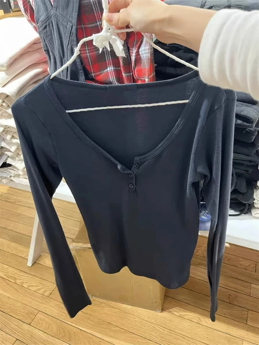 Casual Women Fashion Front Buttons Tees Fall Vintage O Neck Long Sleeves Solid Color T shirts Female Chic Tops black One Size