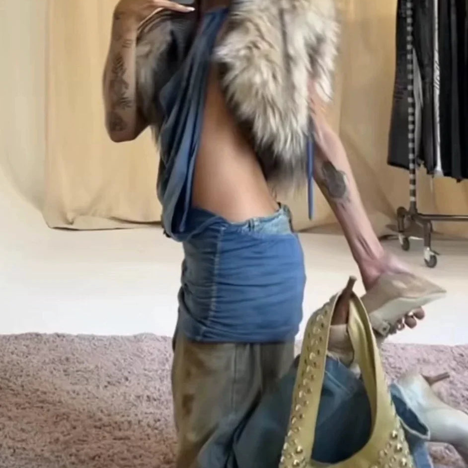 TWOTWINSTYLE Solid Slimming Fashion Tank for Women V Neck Sleeveless Patchwork Fur Luxurious Top Female Autumn Retro Style New