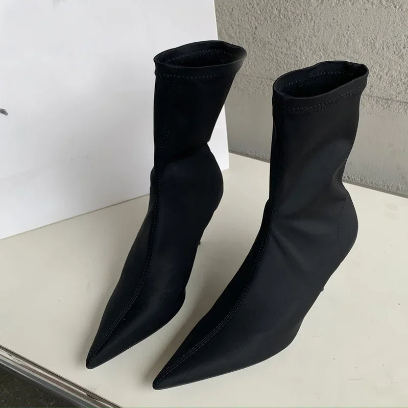 New Spring Autumn Stretch Fabric Women Ankle Boots Sexy Pointed Toe High Heels Fashion Female Socks Pumps Shoes Black