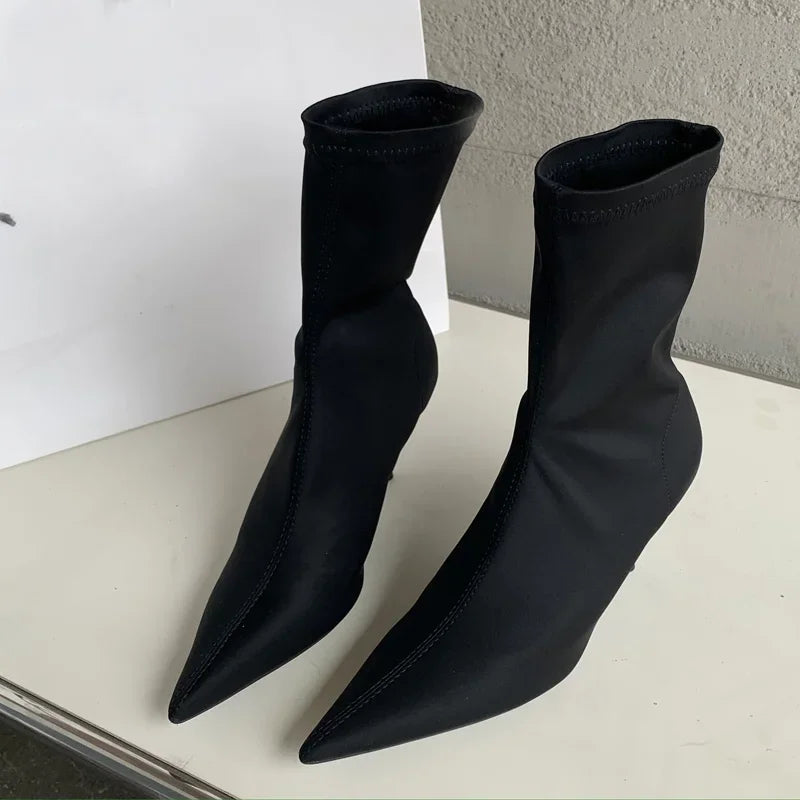 New Spring Autumn Stretch Fabric Women Ankle Boots Sexy Pointed Toe High Heels Fashion Female Socks Pumps Shoes Black