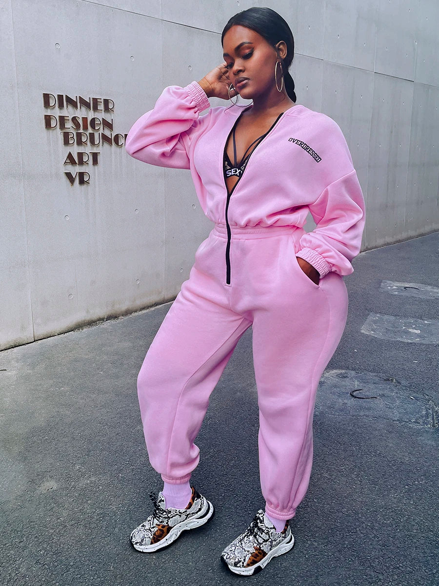 Loose Sweat Jumpsuit Winter Autumn Long-sleeve Loose Romper Female Vintage Pocket Sweatpants Overall Thick Warm Jumpsuit