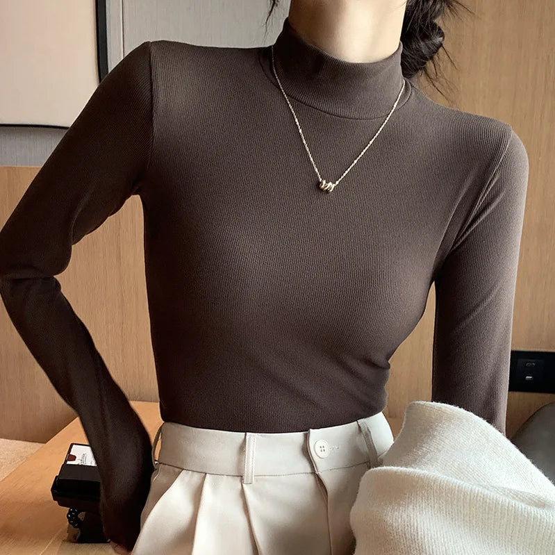 New Knitted Half-turtleneck Pullovers Women Bottom Shirts Sweater Jumper Elegant Korean Fashion Long-sleeved Tops Knitwear Coffee