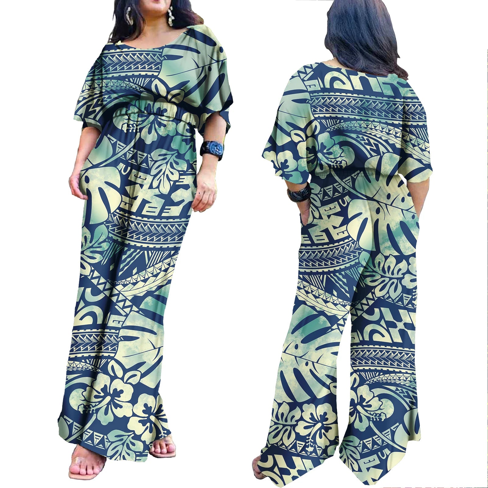 Plus Size Rompers for Women Hawaiian Zipper One Piece Jumpsuit Breathable Romper Polynesian Women Jumpsuit Playsuits