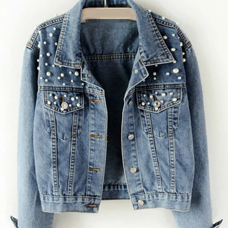 Autumn Fashion Women’s Denim Jacket Full Sleeve Loose Button Pearls Short Lapel Wild Casual