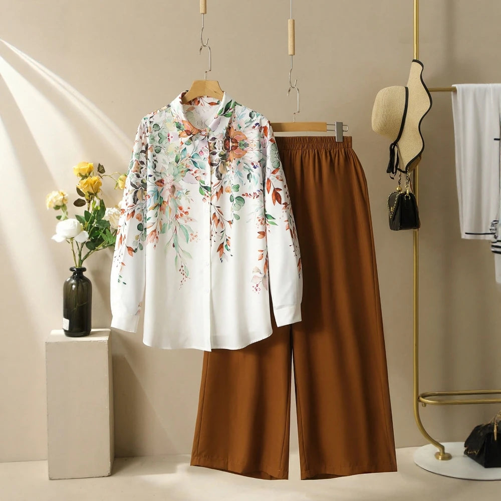 Plus Size Rafiah Women's Sets Summer Casual Decent Full Print Long Sleeve Single Breasted Natural Waist Ankle Daily Sets