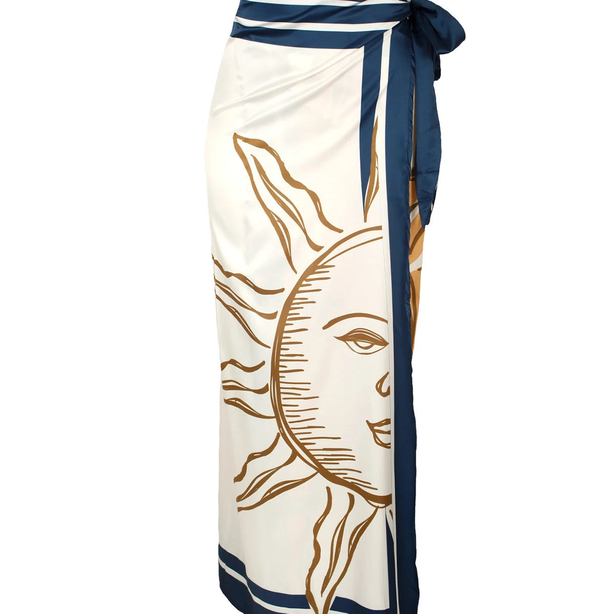 Fashion Blue Sexy Vintage Women's Swimwear Sun Printed Featured Design Hollow Out One Piece Bikini With Long Skirt 2024 Seaside Light Blue