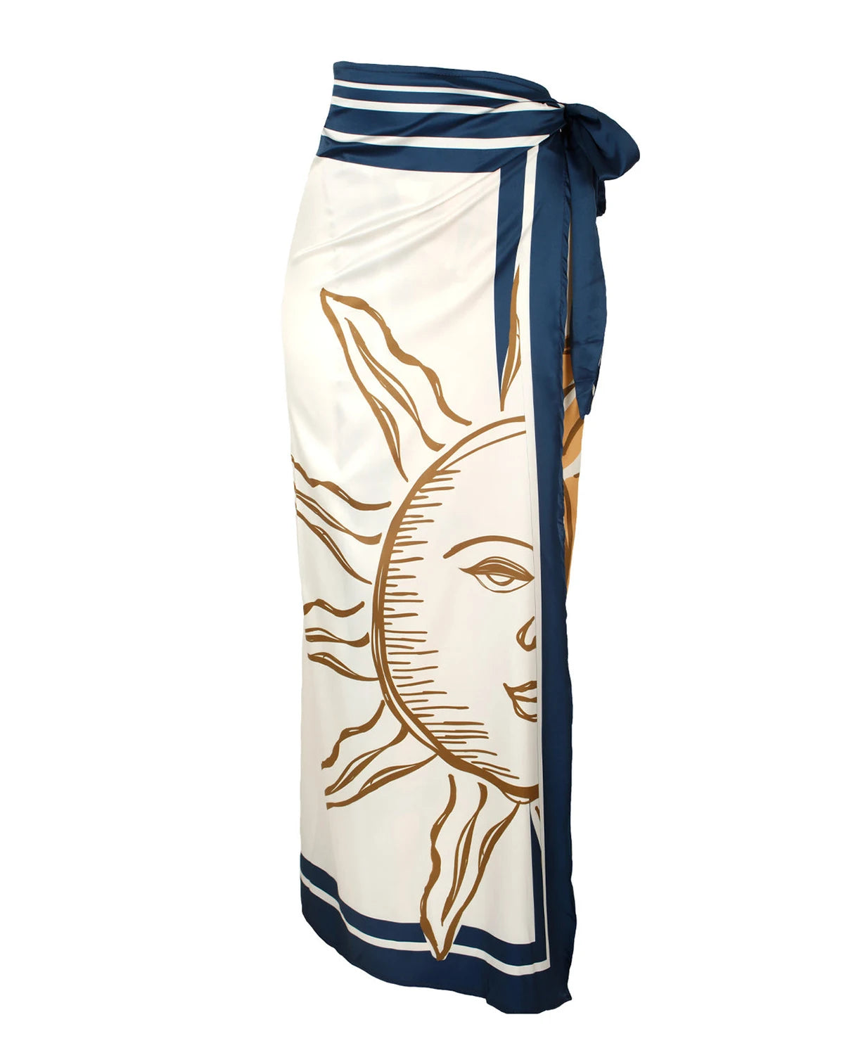 Fashion Blue Sexy Vintage Women's Swimwear Sun Printed Featured Design Hollow Out One Piece Bikini With Long Skirt 2024 Seaside Light Blue