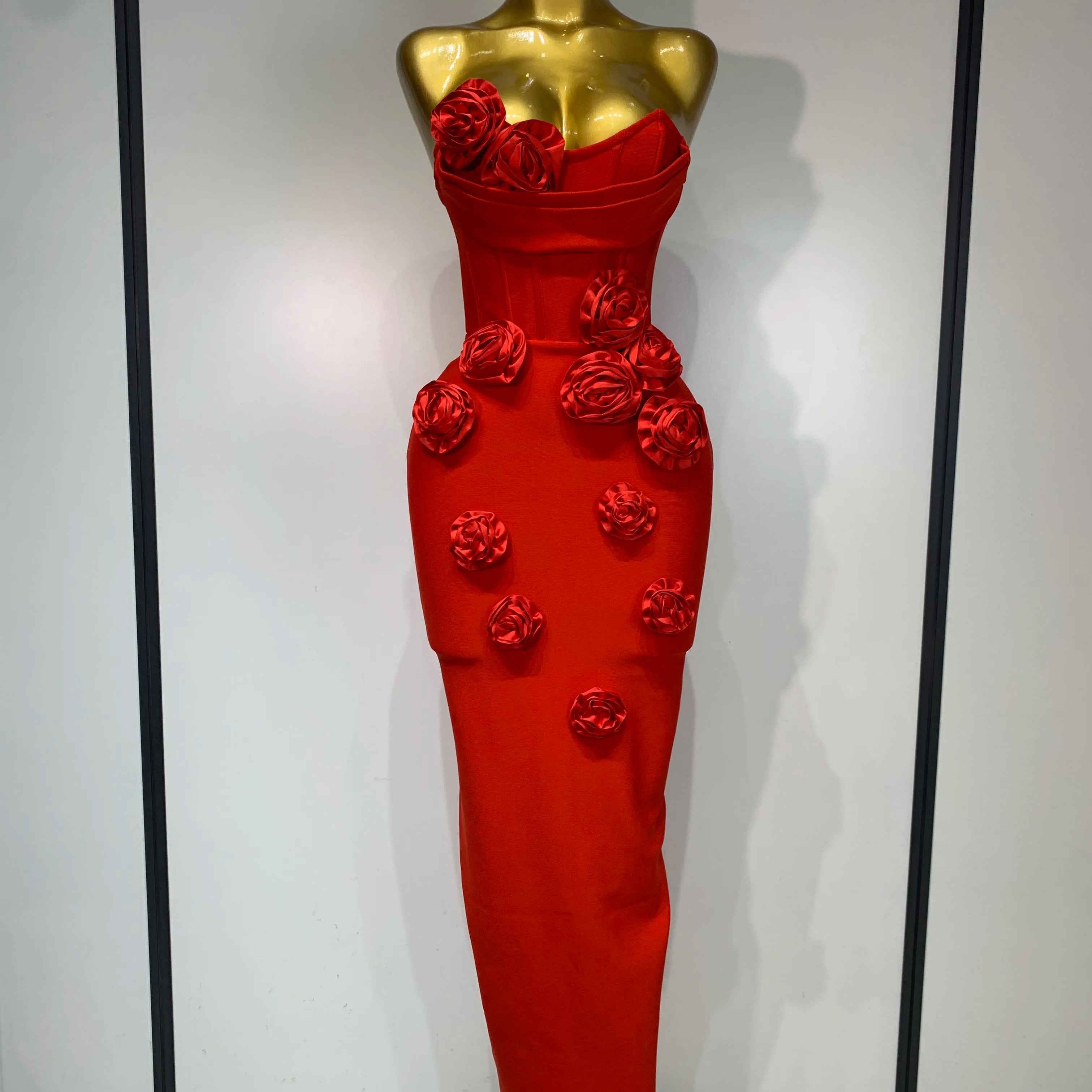 2025 Newest Women Sexy Strapless Backless Red Flower Midi Bandage Dress Celebirty Elegant Evening Club Party Birthday Dresses