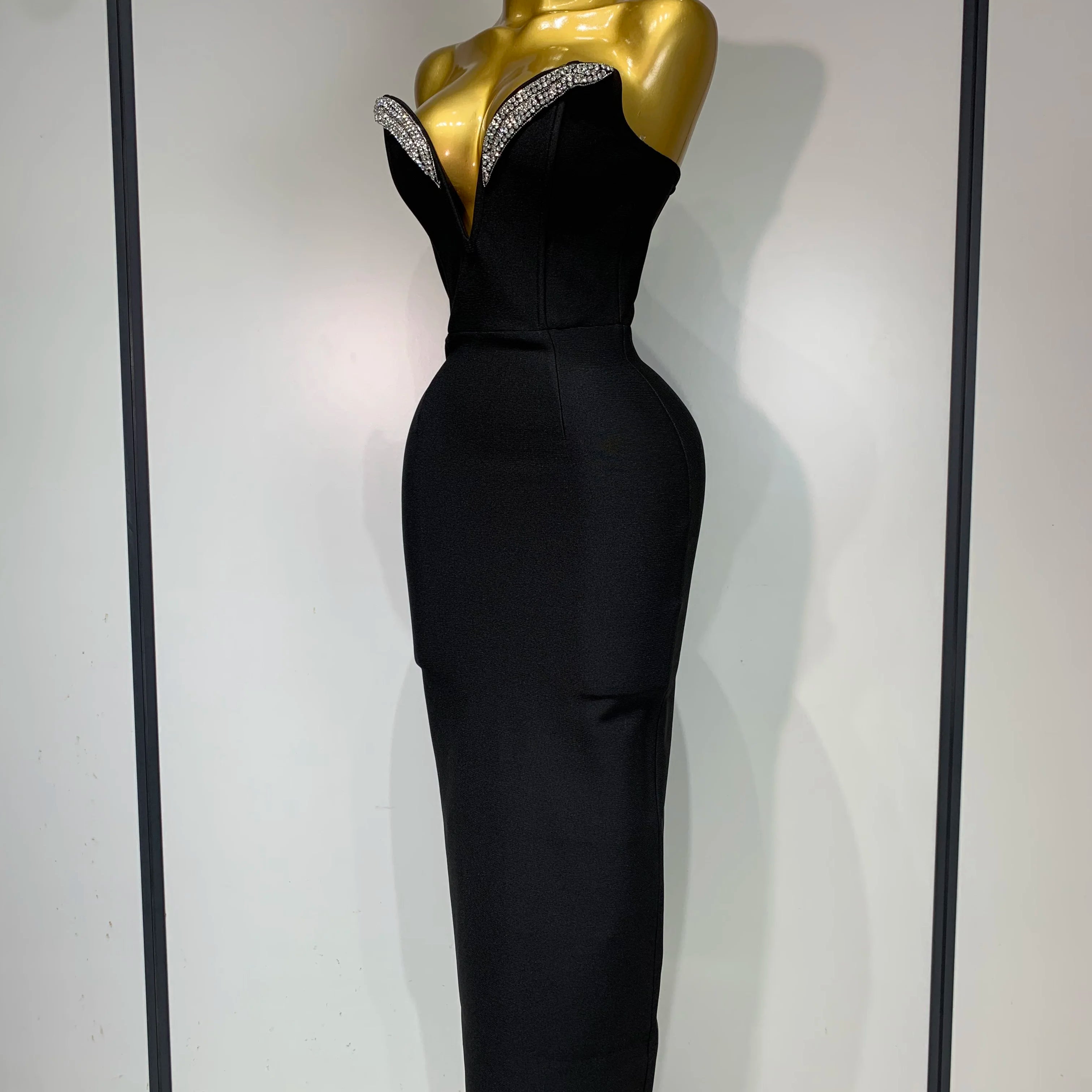 Women Sexy Strapless Sparkly Rhinestones Bodycon Bandage Long Dress Fashion Celebrate Evening Party Luxury Birthday Dresses