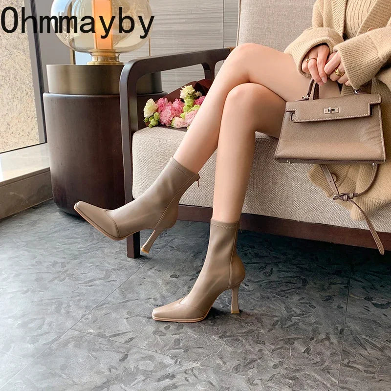 Thin High Heel Women's Ankle Boots Fashion Pointed Toe Short Botas Ladies Elegant Shoes Winter Short Plush Women's Pumps