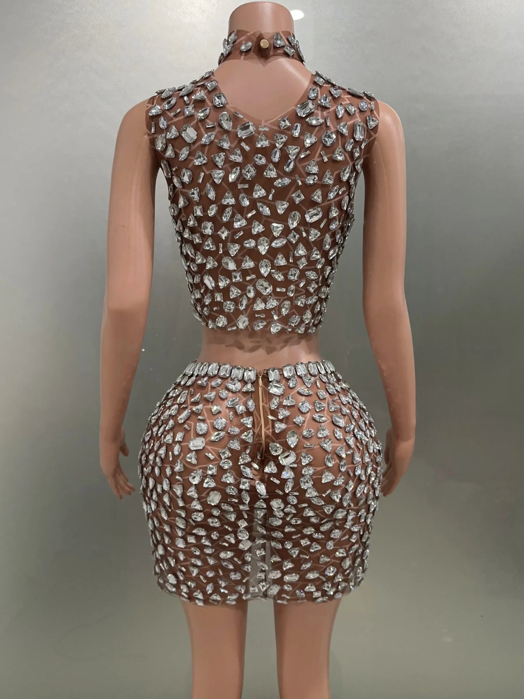 Vestido feminino sexy de cristal grande, 2 peças, malha transparente, mini vestido justo, fantasia de performance, comemoração, vestido de festa de aniversário