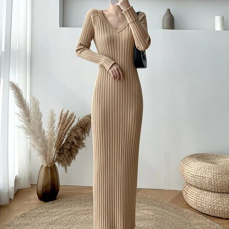 Zoki Elegant Solid Women Knitted Dress Simple Korean Slim Long Sleeve Ankle Length Dress Casual V Neck Office Ladies Chic Dress Khaki