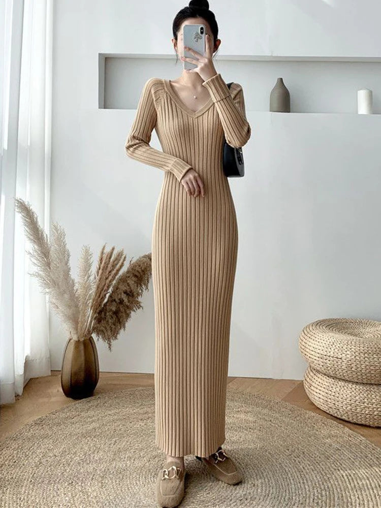 Zoki Elegant Solid Women Knitted Dress Simple Korean Slim Long Sleeve Ankle Length Dress Casual V Neck Office Ladies Chic Dress Khaki