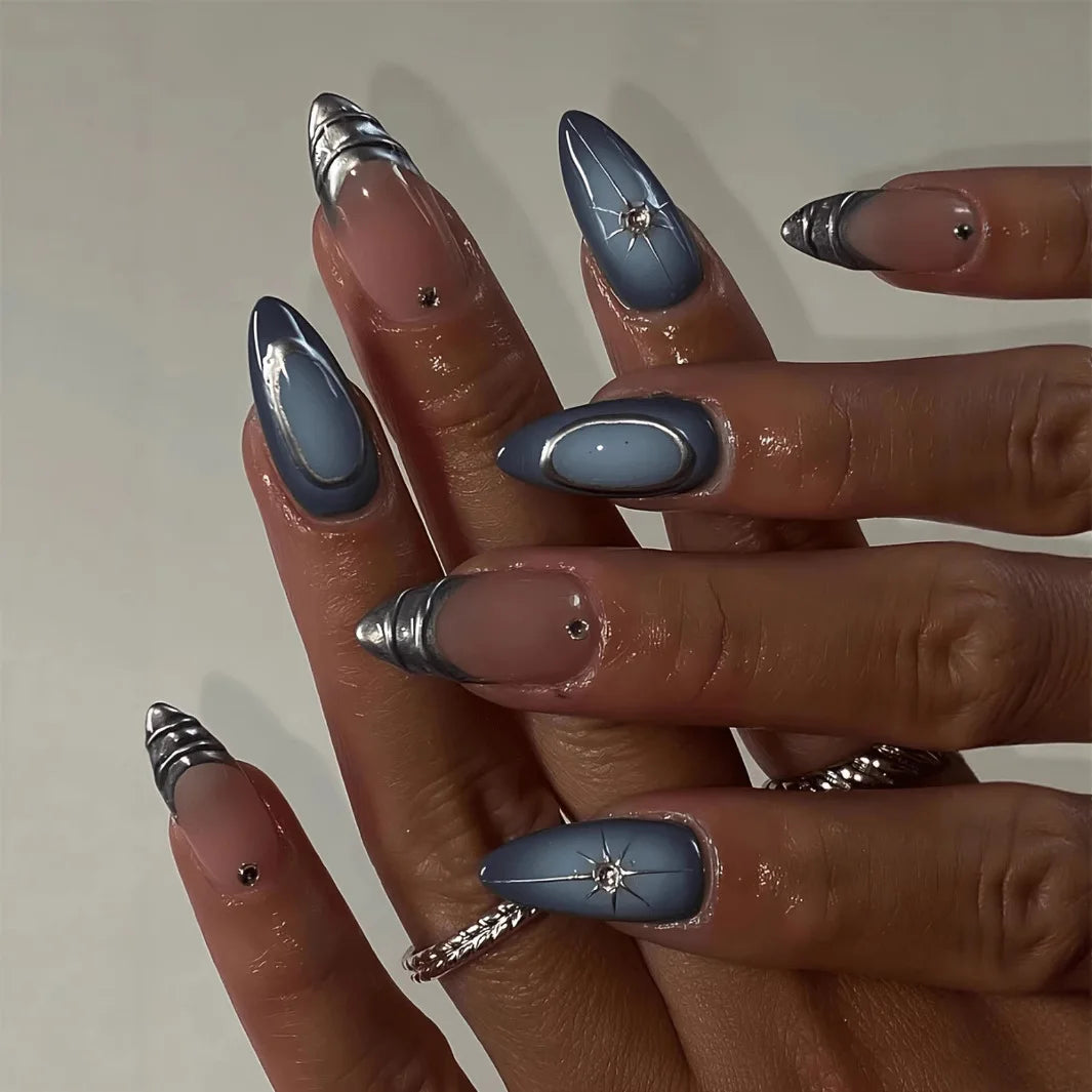 24Pcs Blue Smudge French Fake Nails White Irregular Design Press on False Nails Mid-length Almond Wearable Full Cover Nails Tips