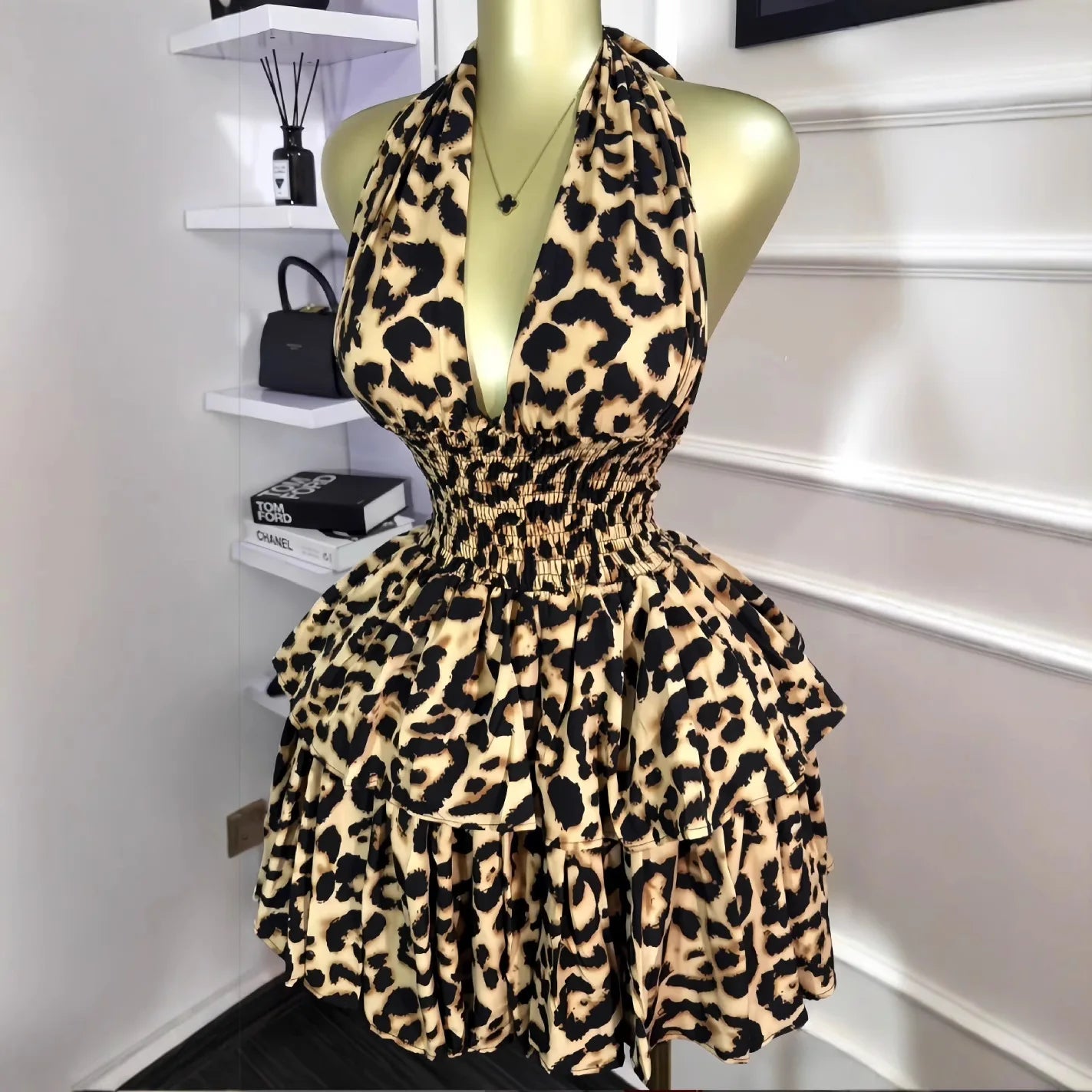 CM.YAYA Women Leopard Print Halter Neck Backless Cascading Ruffles Big Swing Ball Gown Mini Dress 2025 Sexy Club Party Dresses