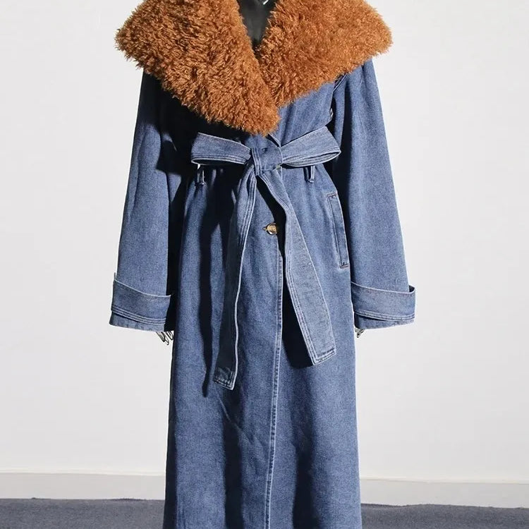 TWOTWINSTYLE Colorblock Patchwork Lace Up Denim Coat For Women Fur Collar Long Sleeve Loose Casual Trench Female Fashion Style