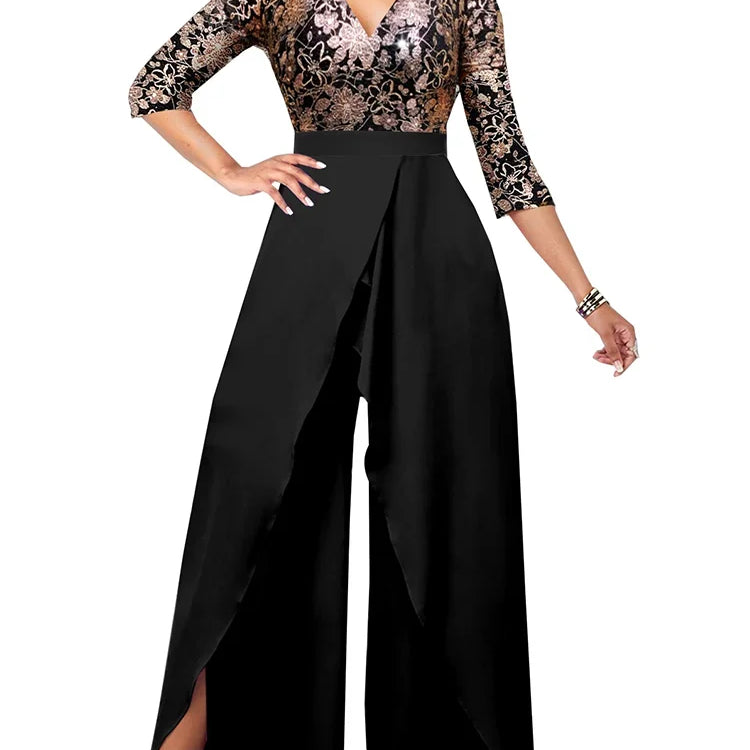 Sets Outifits 2023 Gilded Floral V-neck Loose Fitting Jumpsuit of One Fashion Casual Pieces for Women Elegant Female