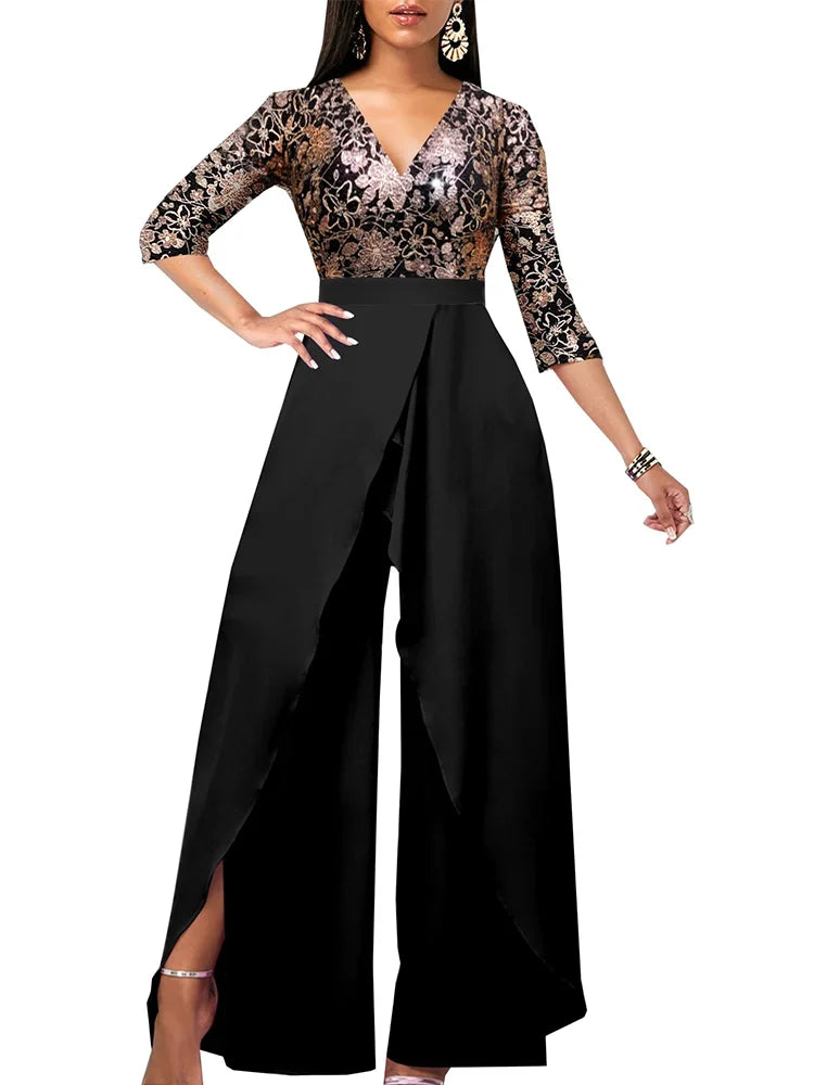 Sets Outifits 2023 Gilded Floral V-neck Loose Fitting Jumpsuit of One Fashion Casual Pieces for Women Elegant Female