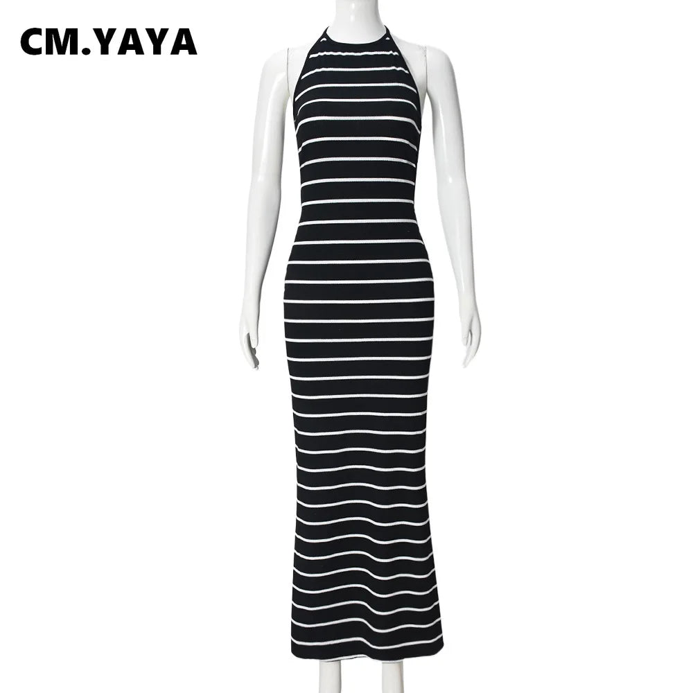 CM.YAYA Women Sleeveless O-neck Halter Backless Long Dress Summer Striped Print Evening Sexy Night Club Party Dresses Vestidos