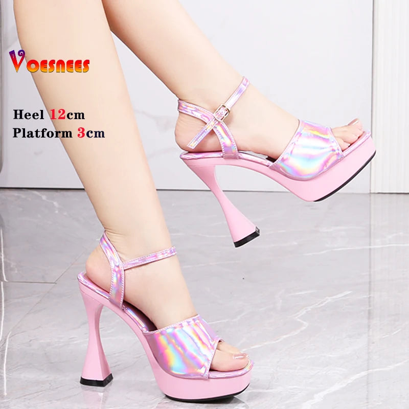 Laser 12CM Women Sandals Peep Toe Platform Shiny Colors Block Heels Pumps Summer Thick High Heel Shoes Woman Outdoor Slides