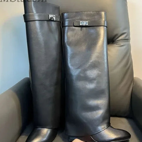 Shark Lock Women Boots Brand Design Genuine Leather Slip-on Knee High Boots For Woman Motorcycle Botas Mujer Fashion Wedge Shoes