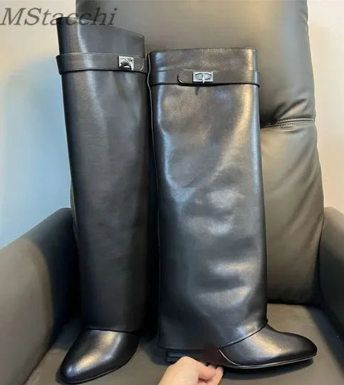 Shark Lock Women Boots Brand Design Genuine Leather Slip-on Knee High Boots For Woman Motorcycle Botas Mujer Fashion Wedge Shoes