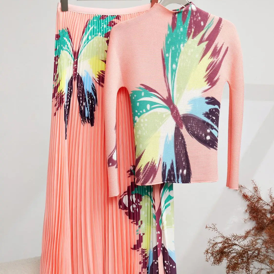 Spring Autumn Runway 2 Pieces Sets Women's Turtleneck Flower Print Stretch Pullover Top＋Long Pleated Skirt Suit Female Outfits