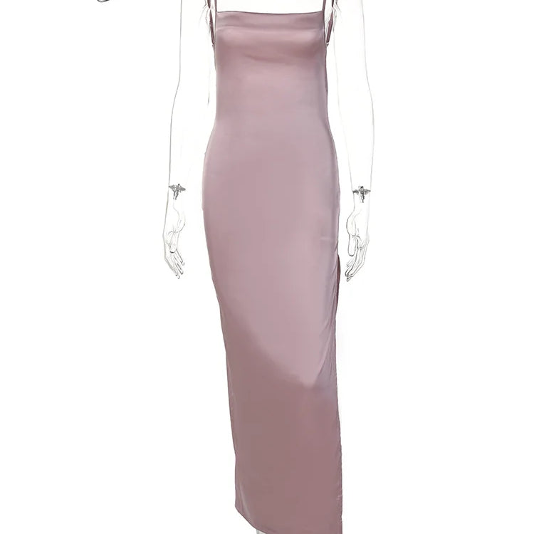 Lace Up Bandage Women Satin Maxi Dress Backless Side Slit Bodycon Party Elegant Birthday Evening Bridesmaid Clothes