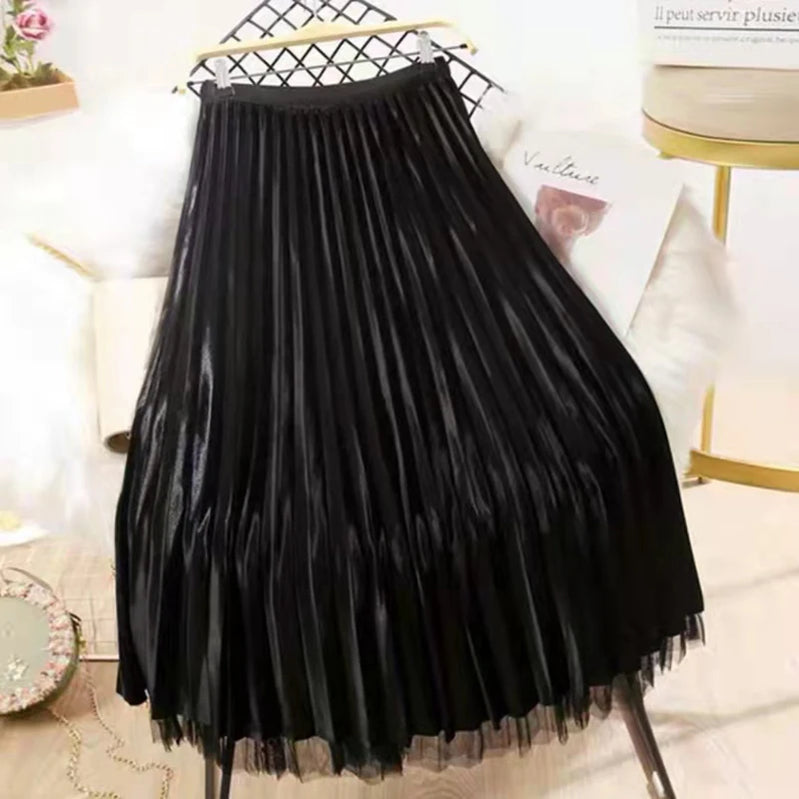 Both Sides Wear Pearls Mesh Skirt Women Summer Velvet High Waist Long Skirts Woman Solid Color A Line Pleated Skirts black no pearls One Size