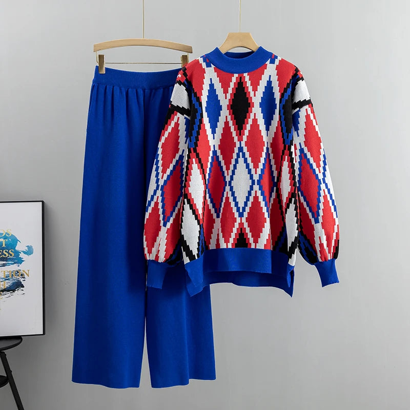 Women Knitted Two Piece Set 2023 Fashion Autumn Winter Loose Trousers Suit Casual Long Sleeve Top with Wide Leg Pants Outfits Blue One Size