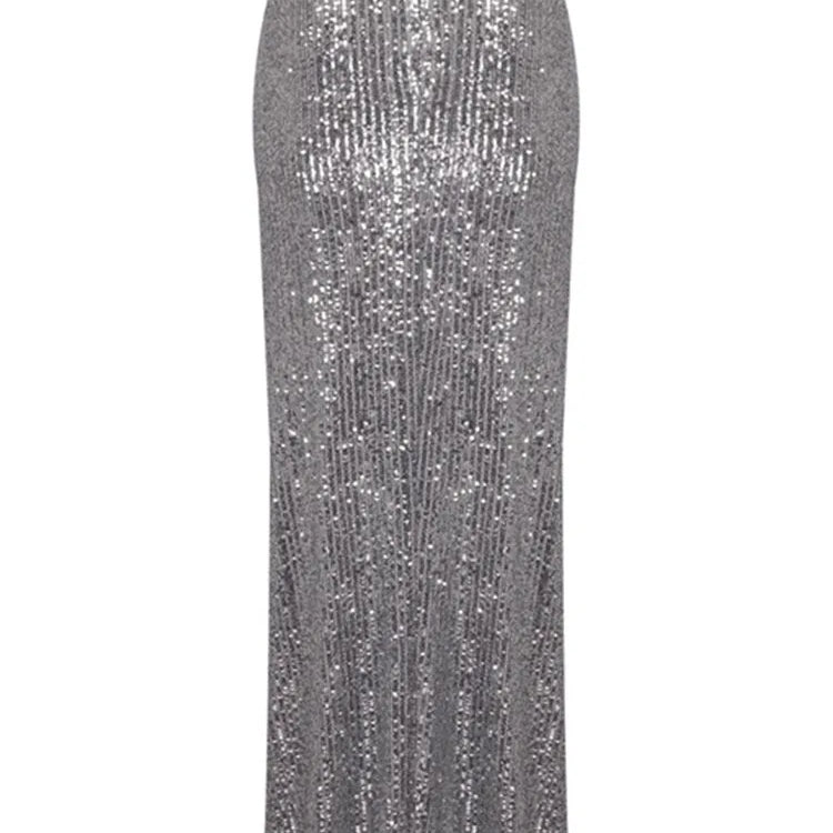 Women Mesh Sequins Flower Sparkly Silver Midi Bodycon Skirt 2024 Designer High Waist Party Office Lady Elegant Split Skirt