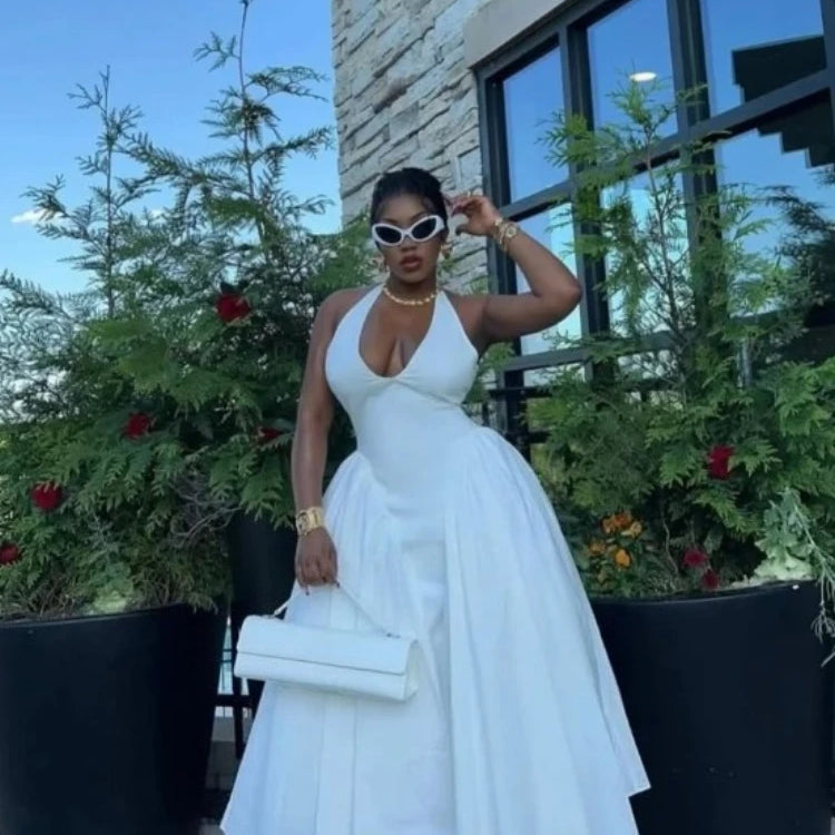 CM.YAYA Women Halter V-neck Backless Sleeveless Big Swing Bodycon Mid Maxi Long Dress 2025 Vacation Sexy Party Evening Dresses