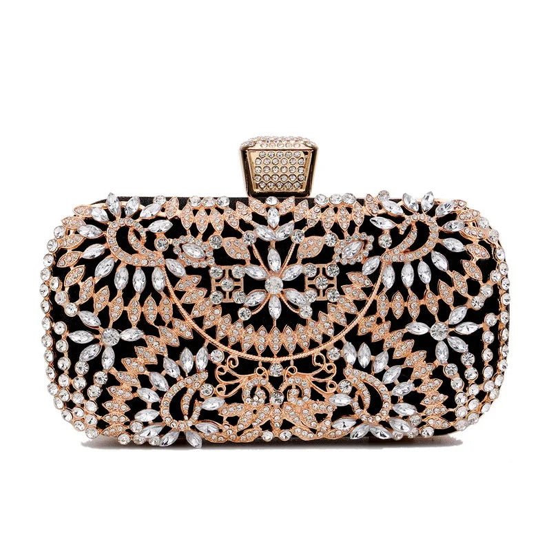 Rhinestones Women Bags Hollow Out Style Fashion Evening Bags Chain Shoulder Handbags Party Wedding Day Clutch Purse YM3105black