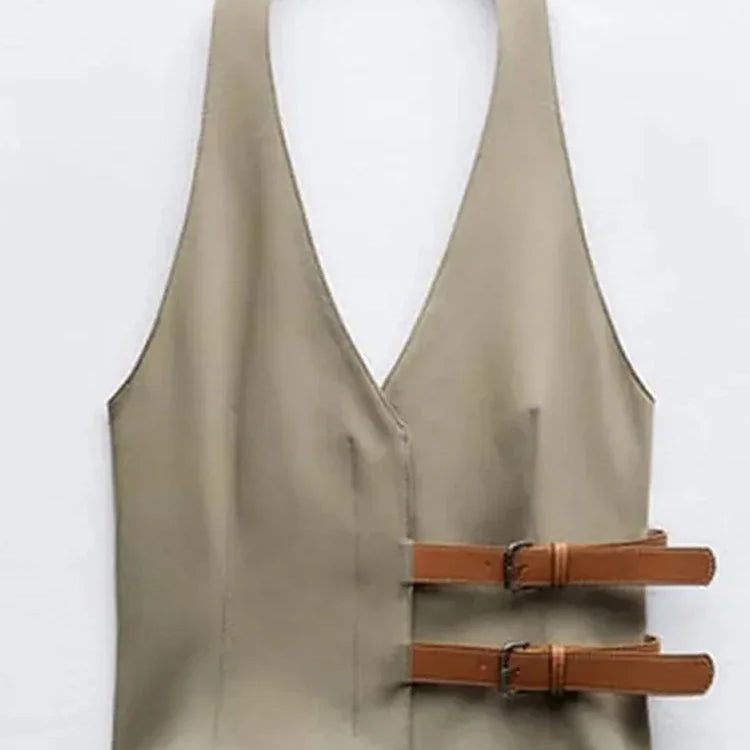 Fashion Leather Belts V-neck Halter Vest Women Elegant Sleeveless Backless Female Tanks Y2k Spring Summer Lady Waistcoat