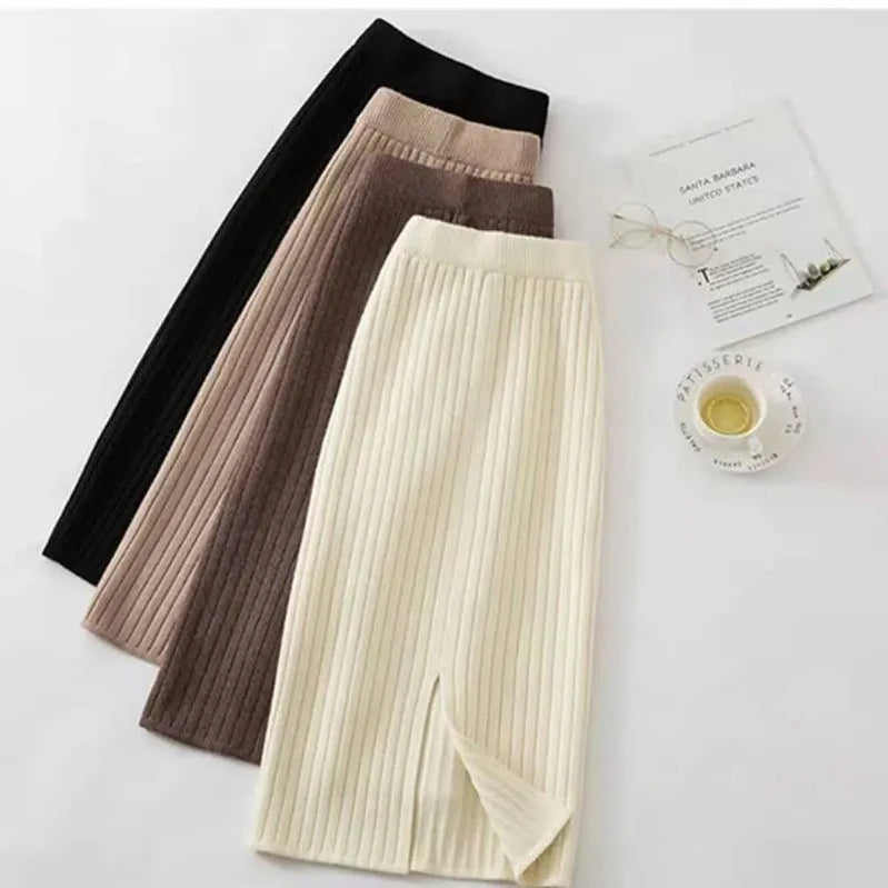 Pensil rok sweater wanita midi rajutan rok rok pinggang tinggi wanita musim dingin musim dingin rok rajutan hangat terbelah membelah bagian bawah