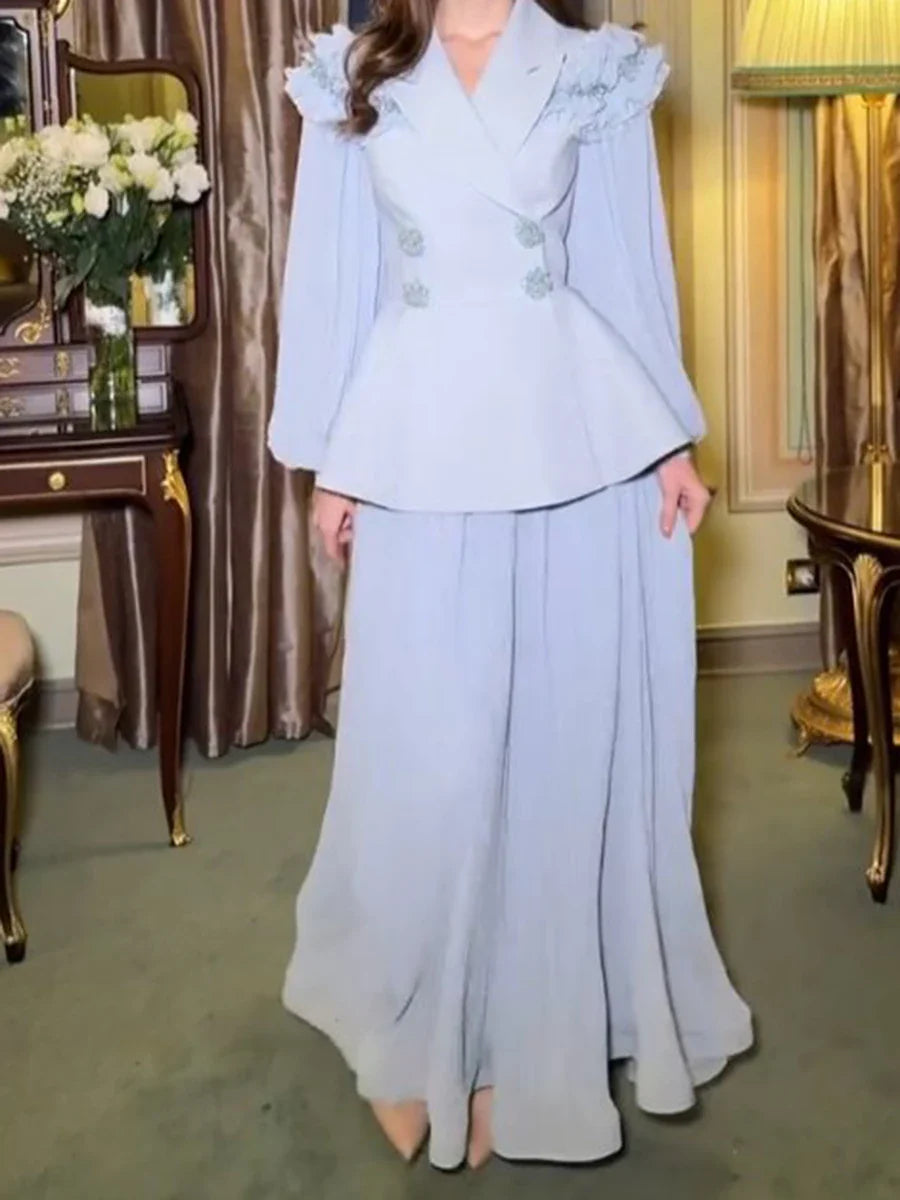 Slimming Two Piece Sets for Women Lapel Long Sleeves Spliced Double Bteasted Top Patchwork Mesh Skirt Female New