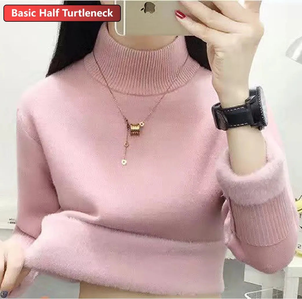 Turtleneck Winter Sweater Women Elegant Thicken Velvet Lined Warm Sueter Knitted Pullover Slim Tops Jersey Knitwear Jumper New HT pink