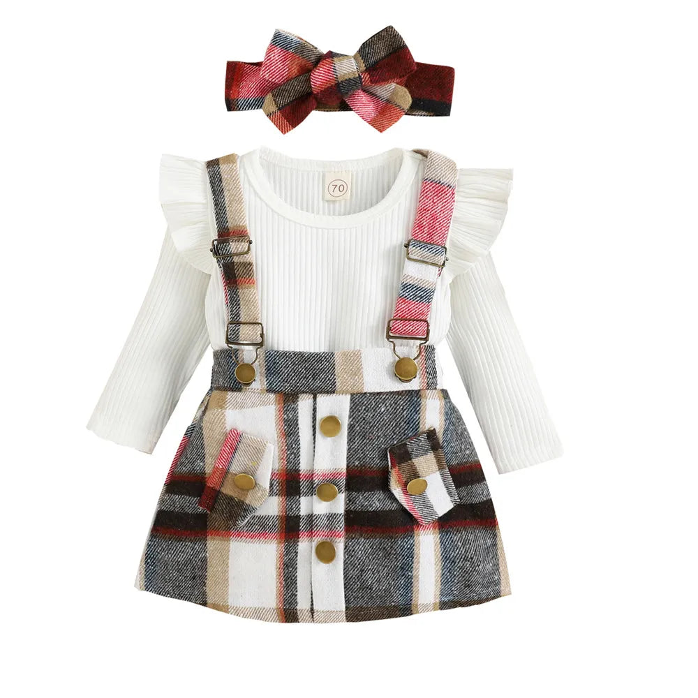 Autumn Winter Toddler Kids Clothes Girls Ruffles Long Sleeve Knitted Bodysuits Tops+Plaid Suspender Button Dress+Headband Sets B