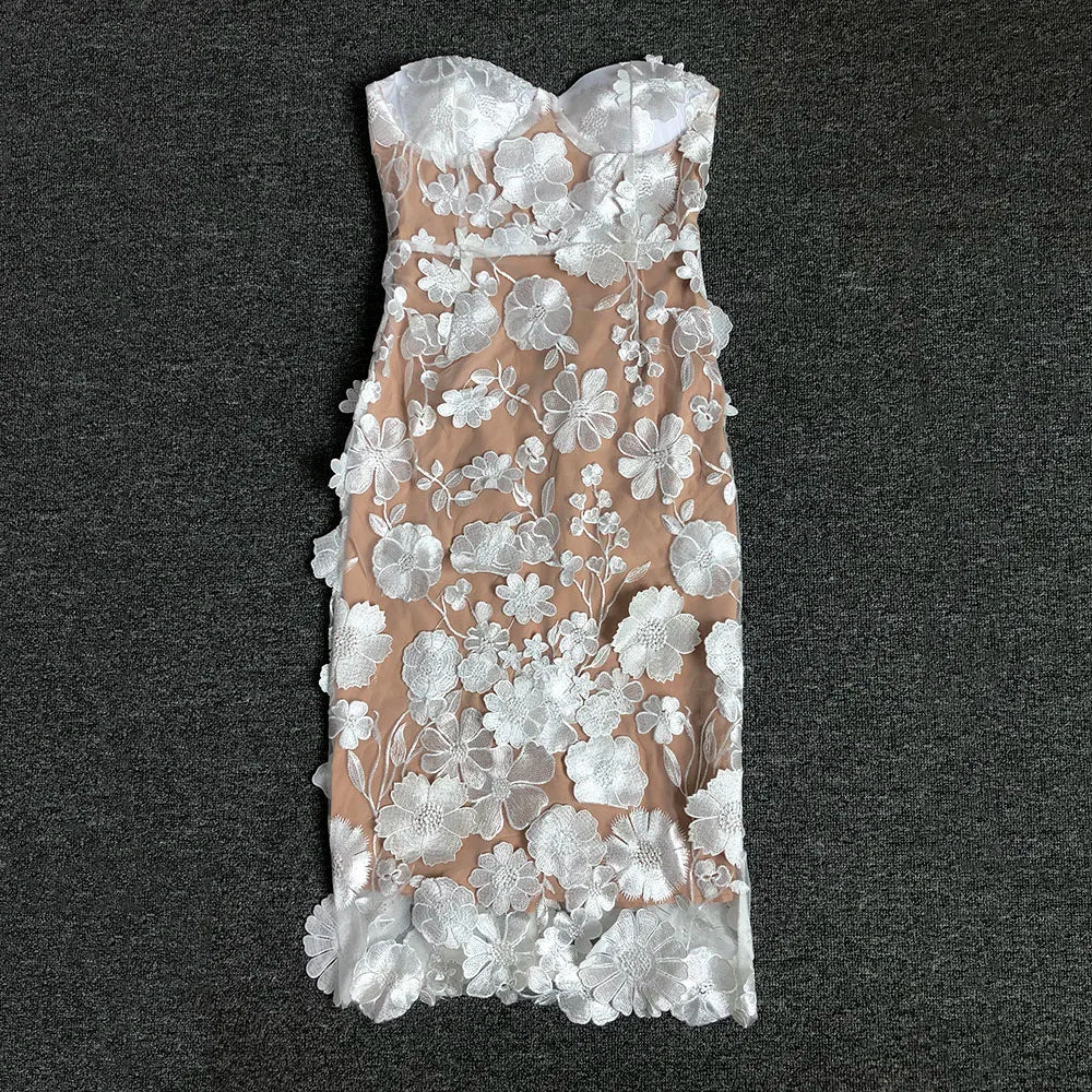 Red Color Women Strapless Embroidery Flowers Bodycon Midi Bandage Dress Fashion Celebrate Birthday Evening Party Dress