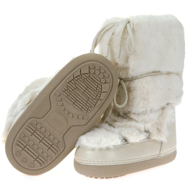 Winter Fur Boots Snow Boots Women Ski Boots Fluffy Hairy Lace Up Middle Calf Platform Flat With White Cotton Boots