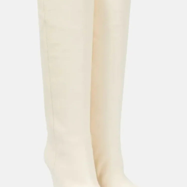 New European and American Thick Sole Knee Long Women's Boots with Pointed Side Zipper Thick High Heel Women's Mid Length Boots 520-Off white