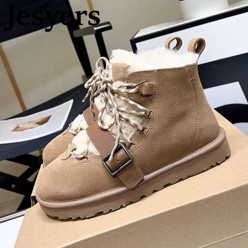 Flat Bottom Thick Bottom Snow Boots Women's Artificial Fur Wool Lining Ankle Boots Winter Thickened Warm Cotton Shoes