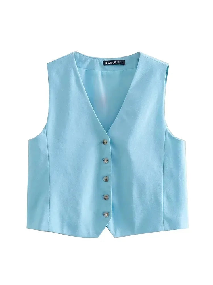 Women Blue Pants 2 Pieces Sets Fashion Linen Vest Tops+Straight Pants Office Suit Vintage Woman Two Pieces Outfit Tops