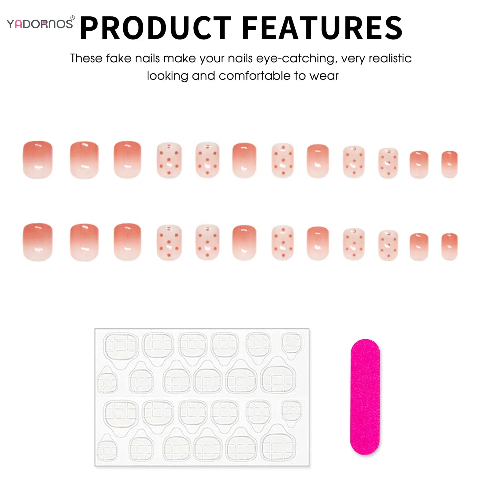 24Pcs Sweet Girls Short Square Fake Nails Gradient Color Press On Nails Dot Printed Nude Pink Charm Manicure Stick-on Naisl Art