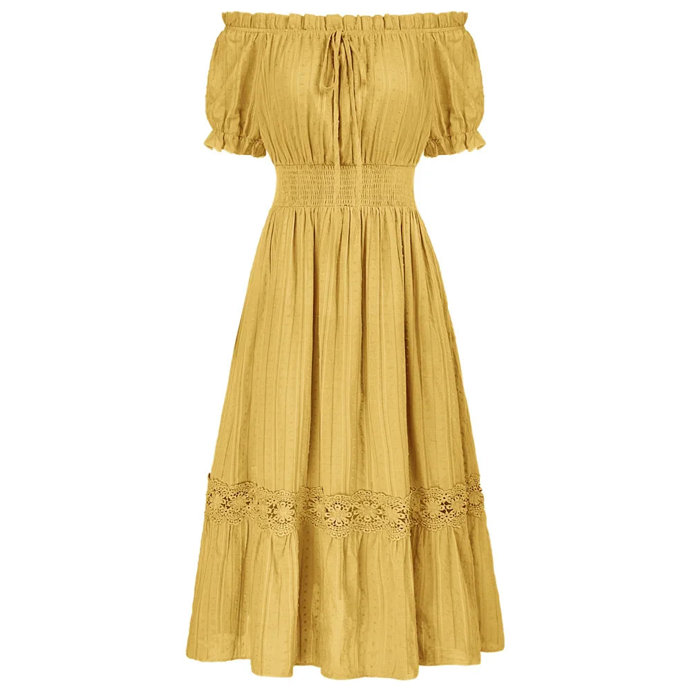 SD Women Renaissance Cotton Dress Summer Short Sleeve Ruffled Off Shoulder Flared A-Line Dress Ruched Slim Fit Fashion Dresses Yellow
